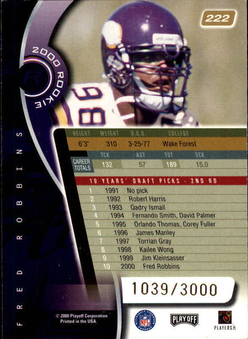 2000 Absolute #222 Fred Robbins RC back image