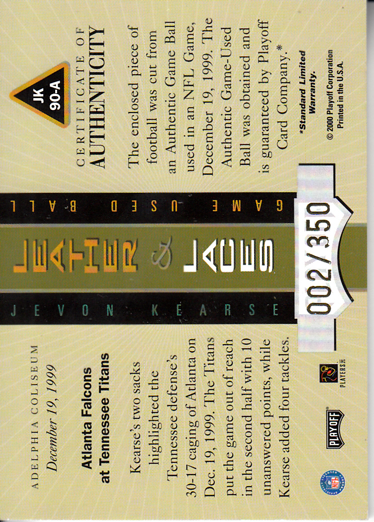 2000 Absolute Leather and Laces #JK90A Jevon Kearse/350 back image