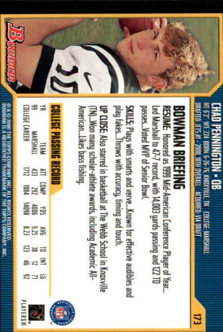 2000 Bowman #173 Chad Pennington RC back image