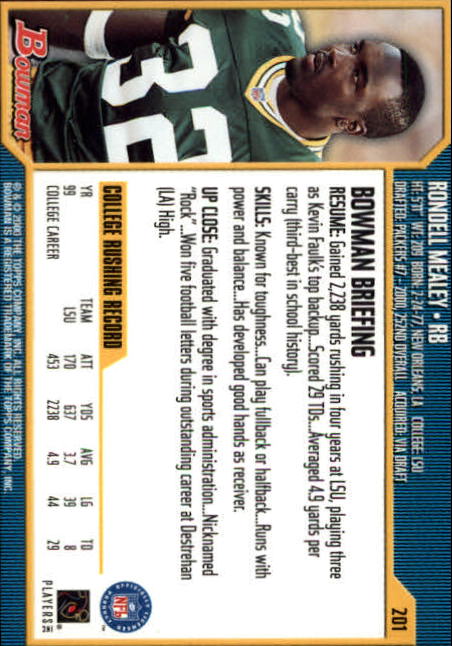 2000 Bowman #201 Rondell Mealey RC back image