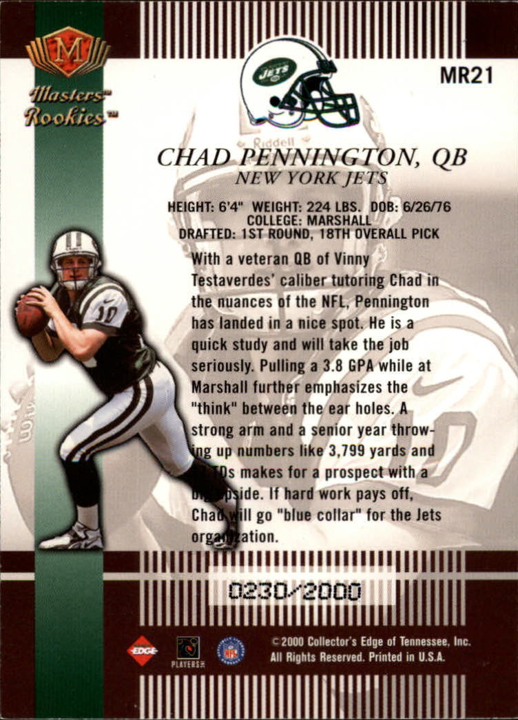 2000 Collector's Edge Masters Rookie Masters #MR21 Chad Pennington back image