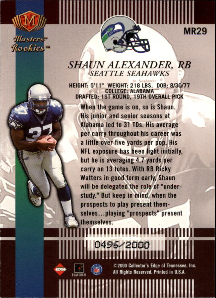 2000 Collector's Edge Masters Rookie Masters #MR29 Shaun Alexander back image
