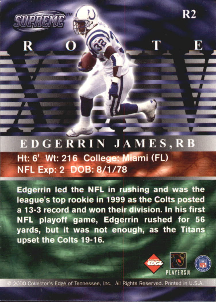 2000 Collector's Edge Supreme Route XXXIV #R2 Edgerrin James back image