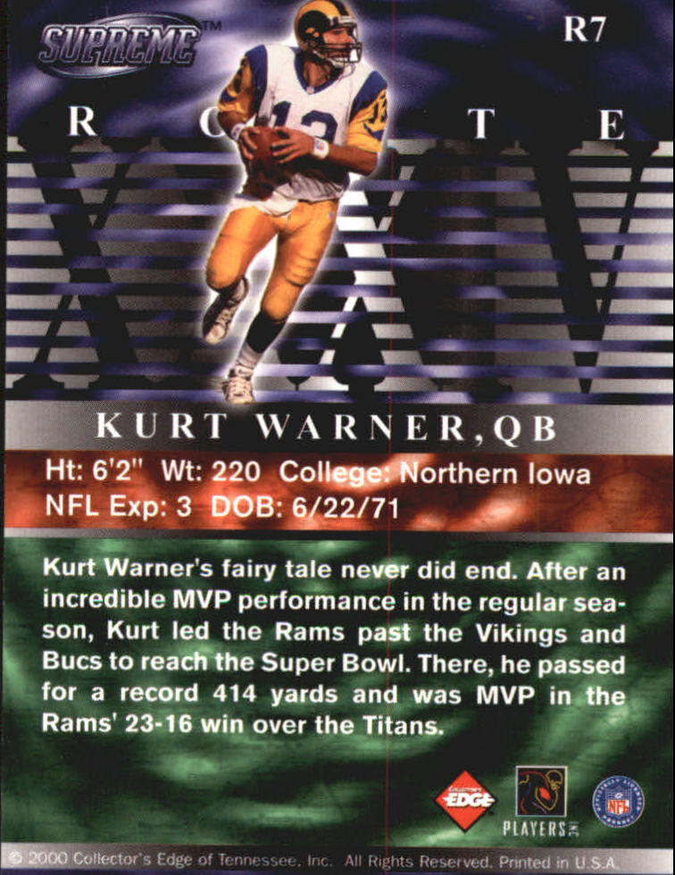 2000 Collector's Edge Supreme Route XXXIV #R7 Kurt Warner back image
