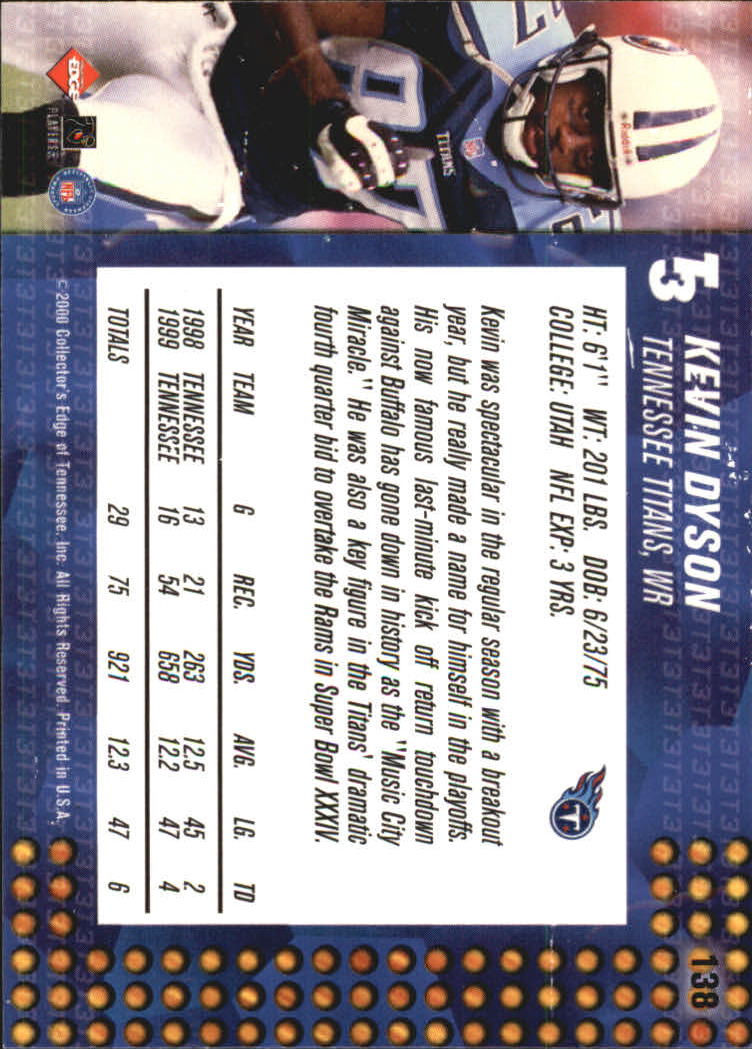 2000 Collector's Edge T3 #138 Kevin Dyson back image