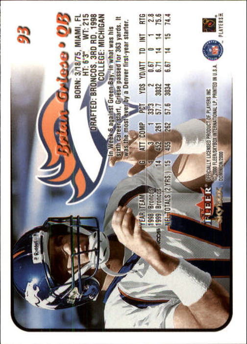 2000 SkyBox Dominion #93 Brian Griese back image
