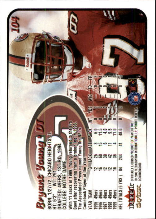 2000 SkyBox Dominion #104 Bryant Young back image
