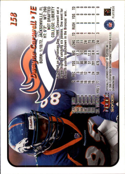 2000 SkyBox Dominion #158 Dwayne Carswell back image