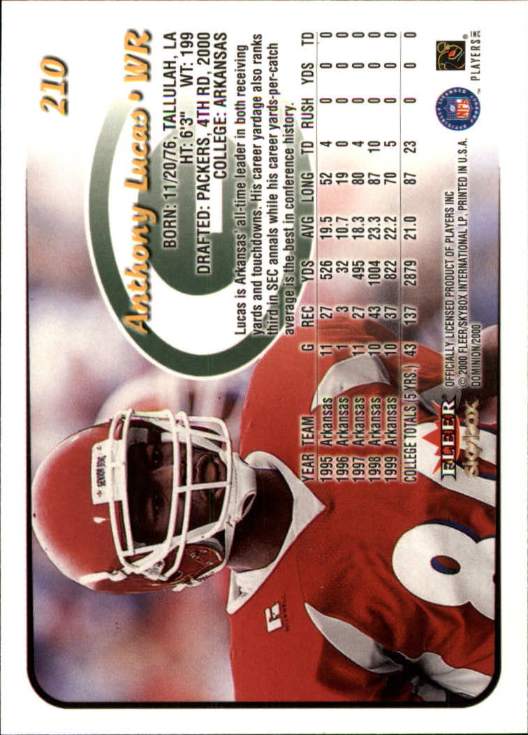 2000 SkyBox Dominion #210 Anthony Lucas RC back image