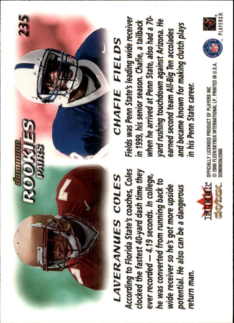 2000 SkyBox Dominion #235 Laveranues Coles RC/Chafie Fields RC back image