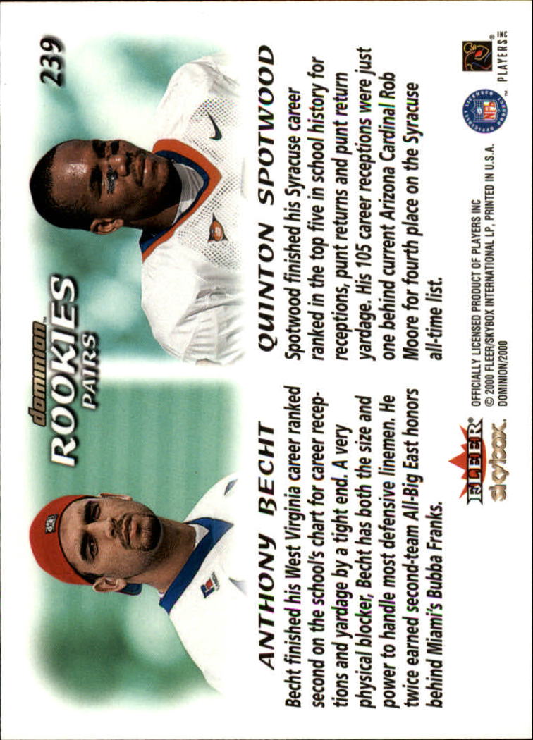 2000 SkyBox Dominion #239 Anthony Becht RC/Quinton Spotwood RC back image