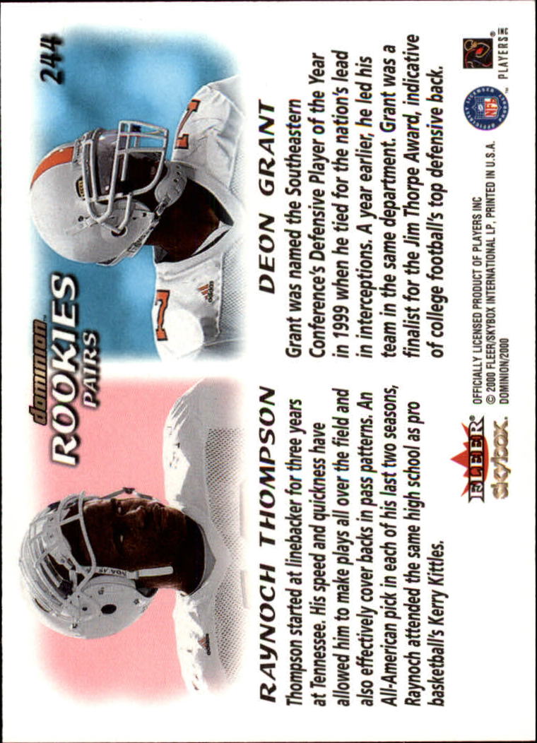 2000 SkyBox Dominion #244 Raynoch Thompson RC/Deon Grant RC back image