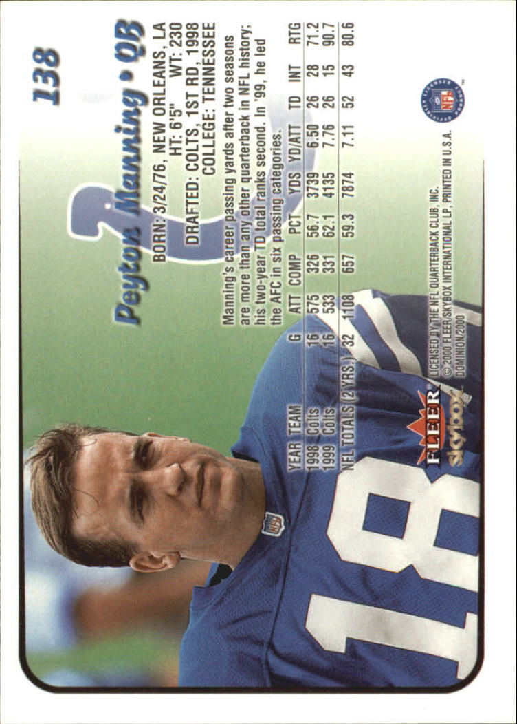 2000 SkyBox Dominion Extra #138 Peyton Manning back image