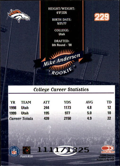 2000 Donruss #229 Mike Anderson RC back image