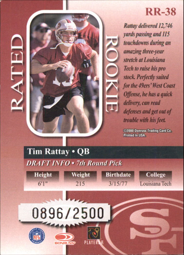 2000 Donruss Rated Rookies #38 Tim Rattay back image