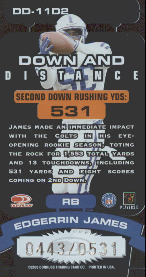 2000 Donruss Elite Down and Distance #11D2 Edgerrin James/531 back image