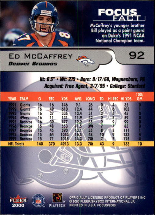 2000 Fleer Focus #92 Ed McCaffrey back image