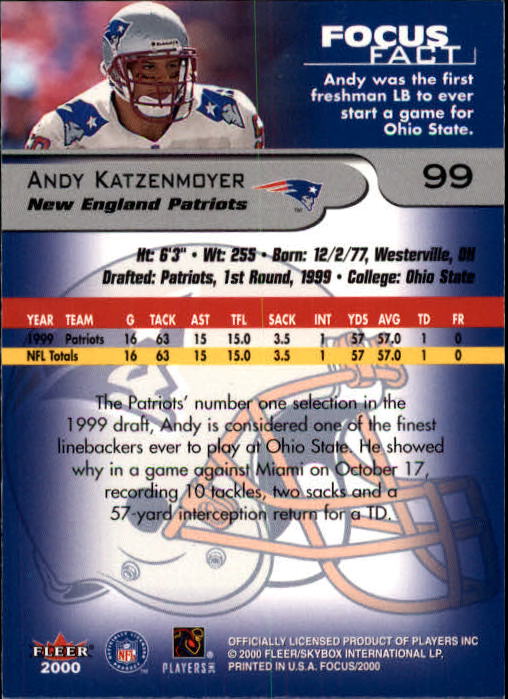 2000 Fleer Focus #99 Andy Katzenmoyer back image