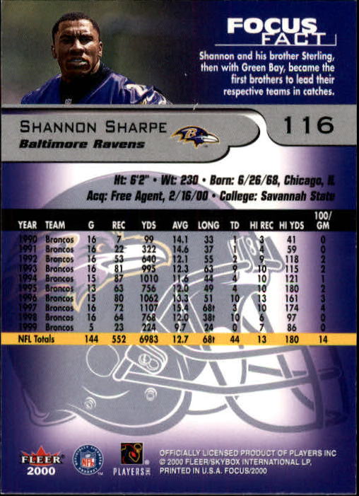 2000 Fleer Focus #116 Shannon Sharpe back image