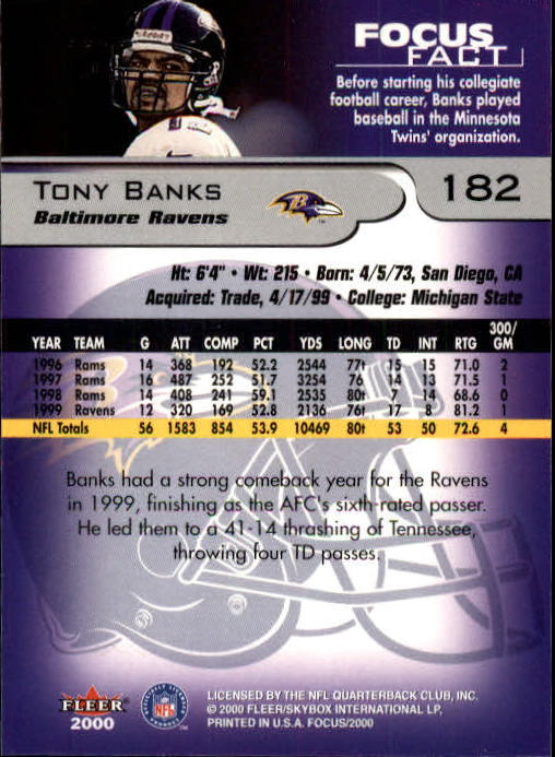 2000 Fleer Focus #182 Tony Banks back image