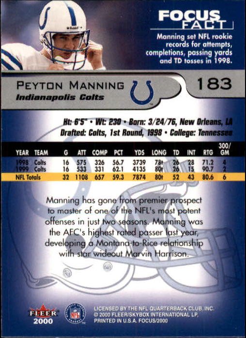 2000 Fleer Focus #183 Peyton Manning back image