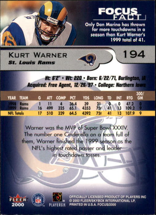 2000 Fleer Focus #194 Kurt Warner back image