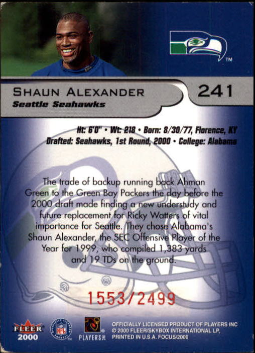 2000 Fleer Focus #241 Shaun Alexander RC back image