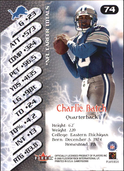 2000 Fleer Gamers #74 Charlie Batch back image