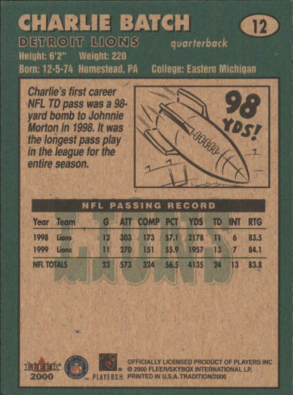 2000 Fleer Tradition #12 Charlie Batch back image