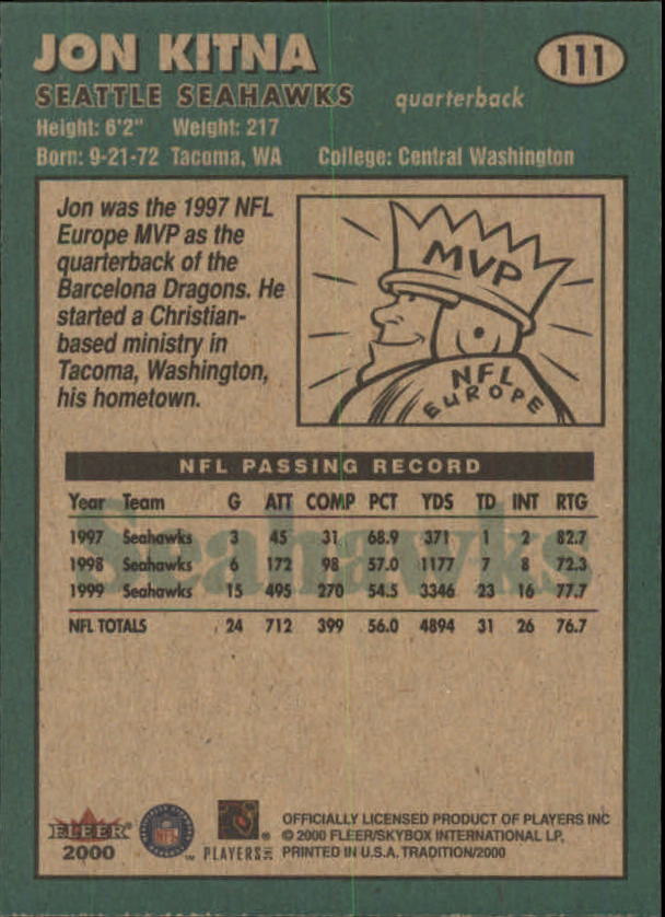 2000 Fleer Tradition #111 Jon Kitna back image