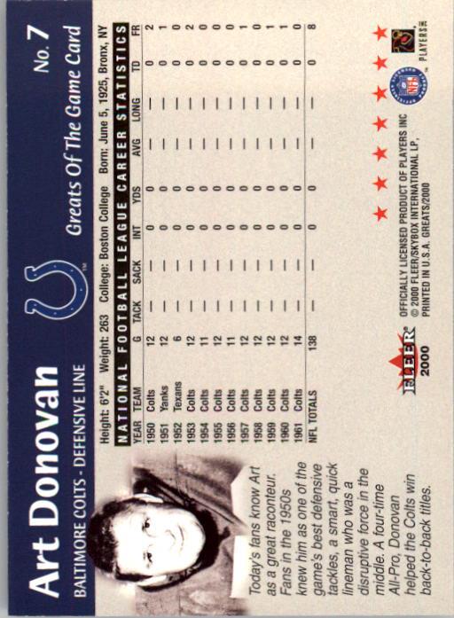 2000 Greats of the Game #7 Art Donovan back image