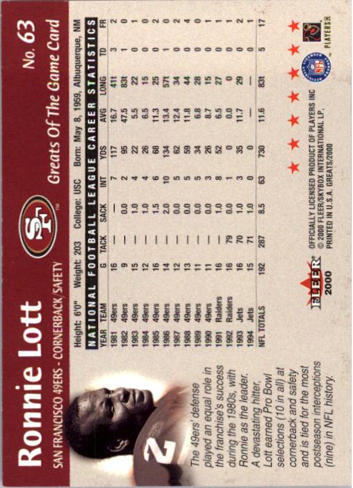 2000 Greats of the Game #63 Ronnie Lott back image