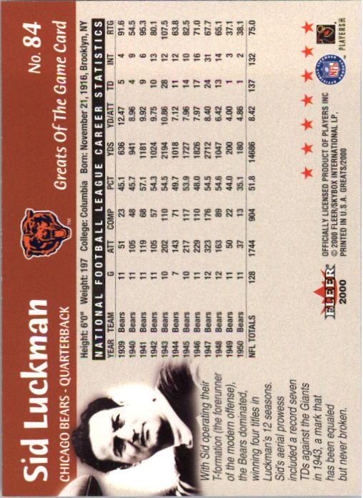 2000 Greats of the Game #84 Sid Luckman back image