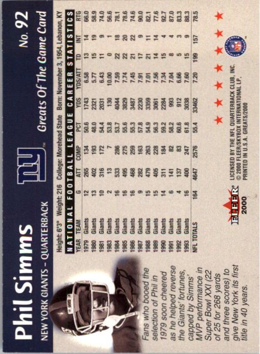 2000 Greats of the Game #92 Phil Simms back image