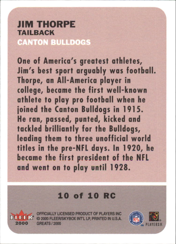 2000 Greats of the Game Retrospection Collection #10RC Jim Thorpe back image