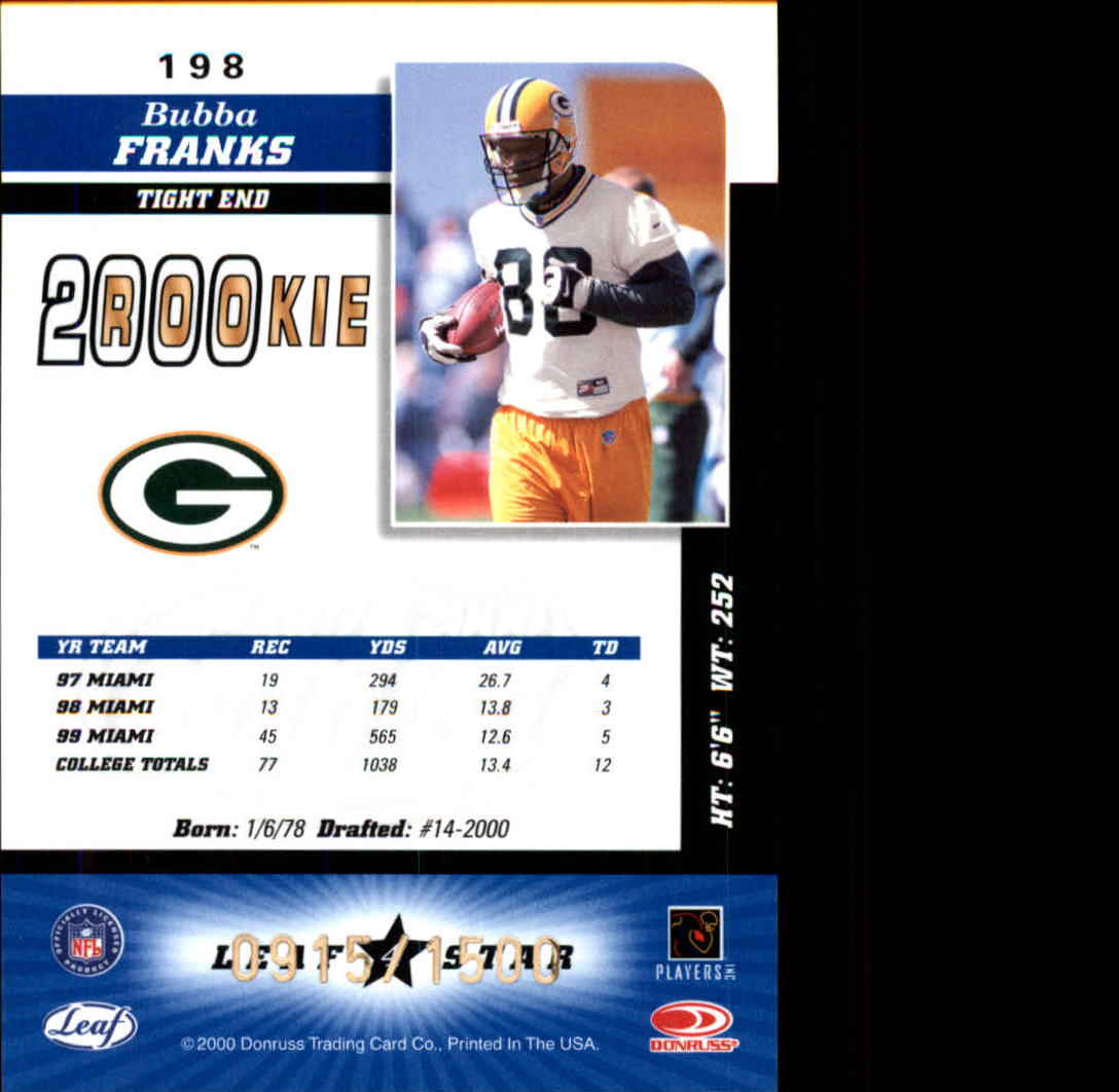 2000 Leaf Certified #198 Bubba Franks RC back image
