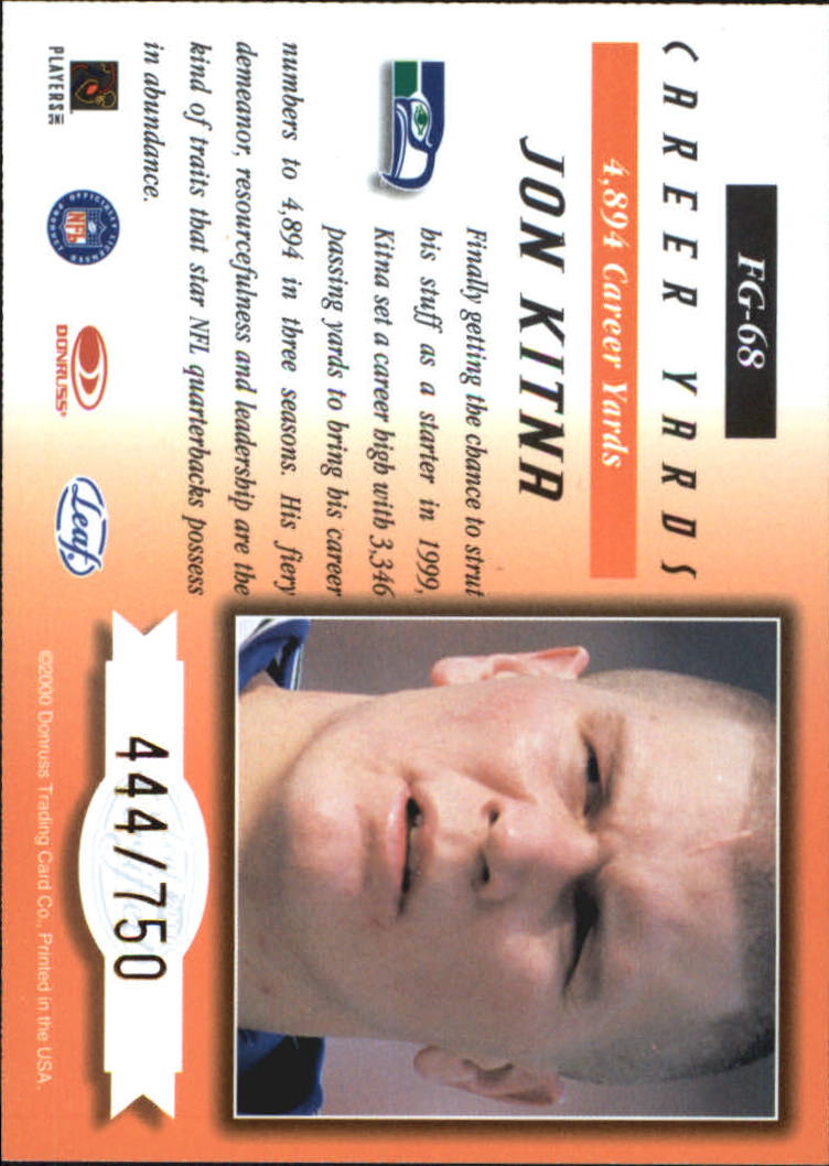 2000 Leaf Certified Fabric of the Game #FG68 Jon Kitna/750 back image