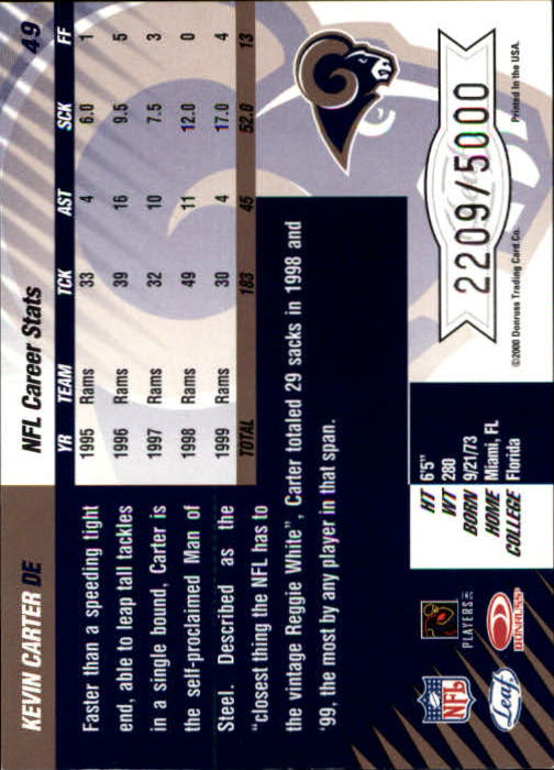 2000 Leaf Limited #49 Kevin Carter back image