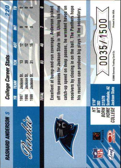 2000 Leaf Limited #220 Rashard Anderson RC back image