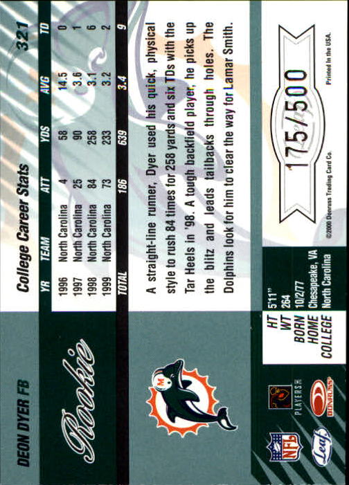 2000 Leaf Limited #321 Deon Dyer RC back image