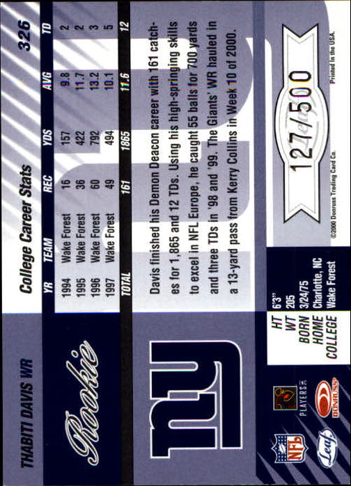 2000 Leaf Limited #326 Thabiti Davis RC back image