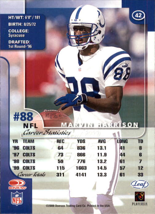 2000 Leaf Rookies and Stars #42 Marvin Harrison back image