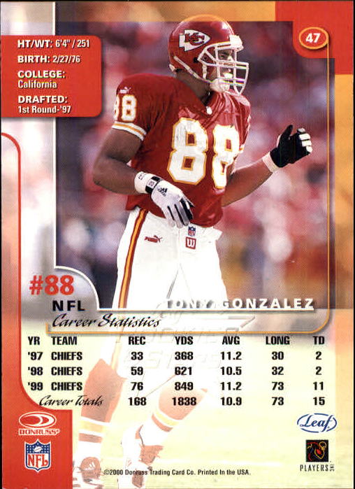 2000 Leaf Rookies and Stars #47 Tony Gonzalez back image