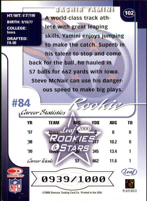 2000 Leaf Rookies and Stars #102 Bashir Yamini RC back image