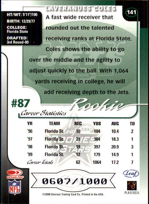 2000 Leaf Rookies and Stars Football "Main Set" Cards - Picture 191 of 223