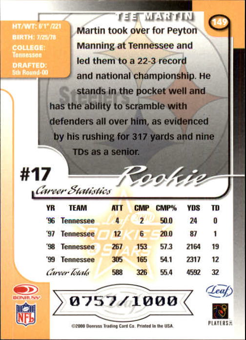2000 Leaf Rookies and Stars #149 Tee Martin RC back image