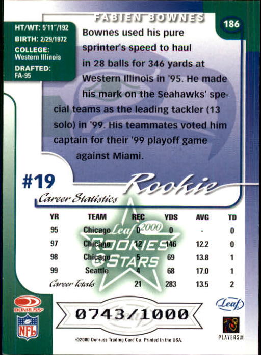 2000 Leaf Rookies and Stars #186 Fabien Bownes RC back image