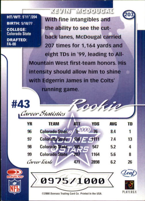 2000 Leaf Rookies and Stars Football "Main Set" Cards - Picture 199 of 223