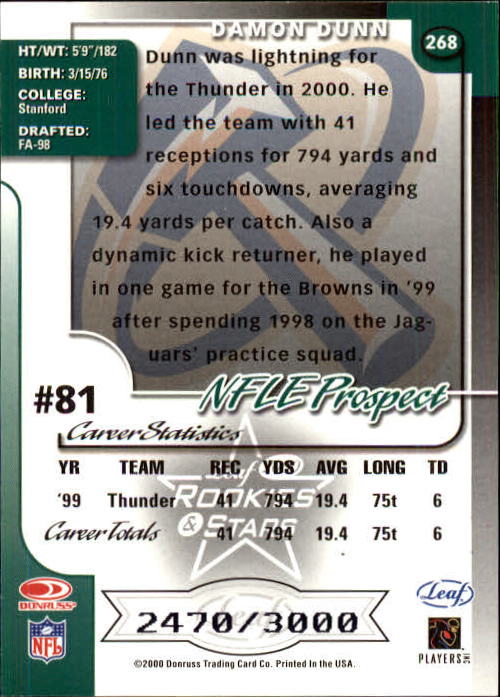 2000 Leaf Rookies and Stars #268 Damon Dunn EP RC back image