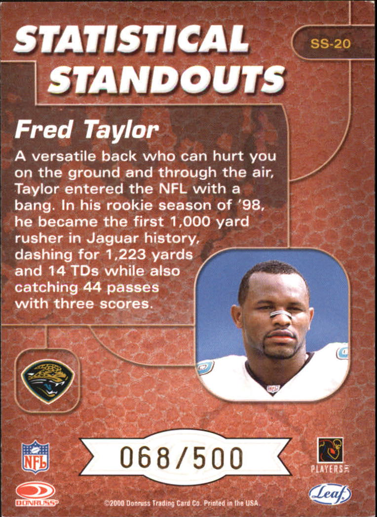 2000 Leaf Rookies and Stars Statistical Standouts #SS20 Fred Taylor back image